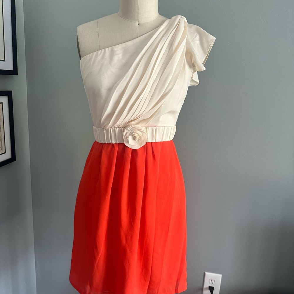 MM Couture Cream and Orange One-Shoulder Dress